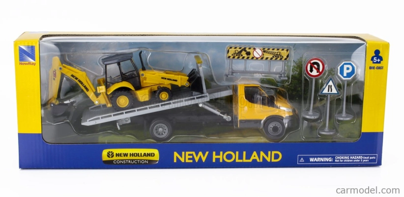 Newray Iveco fiat Daily Roll-off Pianale 2023 With Accessories + New Holland B110c Ruspa Gommata - Scraper Tractor 1:36 Žlutá Černá