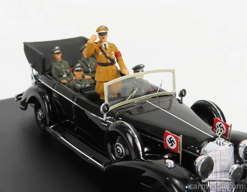 Rio-models Mercedes benz 770k Parade Cabriolet Open 1938 With Figures Adolf Hitler - Hermann Göring - Heinrich Himmler - Reinard Heydrich - Joseph Goebbels - Ss Driver Erich Kempka 1:43 Military Black