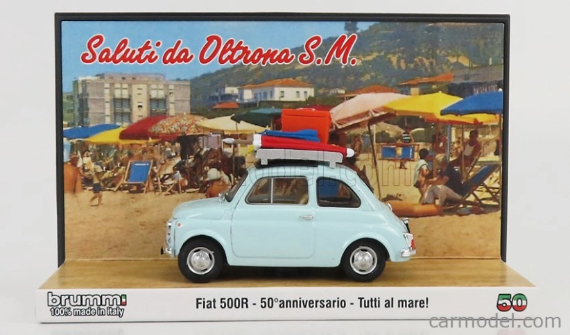Brumm prom Fiat 500r 1972 - Tutti Al Mare - Saluti Da Oltrona S.m. 1:43, světle modrá