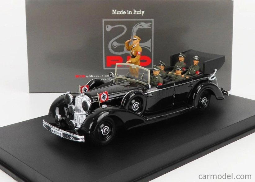 Rio-models Mercedes benz 770k Parade Cabriolet Open 1938 With Figures Adolf Hitler - Hermann Göring - Heinrich Himmler - Reinard Heydrich - Joseph Goebbels - Ss Driver Erich Kempka 1:43 Military Black