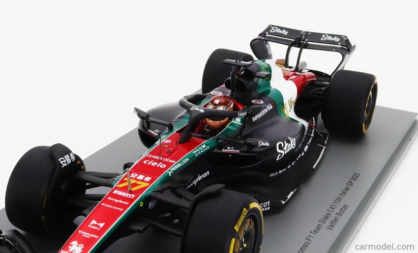 Spark-model Alfa romeo F1  C43 Team Stake N 77 Monza Italy Gp 2023 Valtteri Bottas 1:18 Černá Červená Bílá Zelená