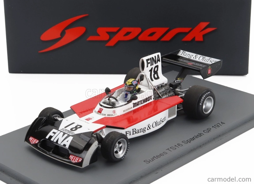 Spark-model Surtees F1 Ts16 N 18 Spanish Gp 1974 Carlos Pace 1:43 Biela červená čierna