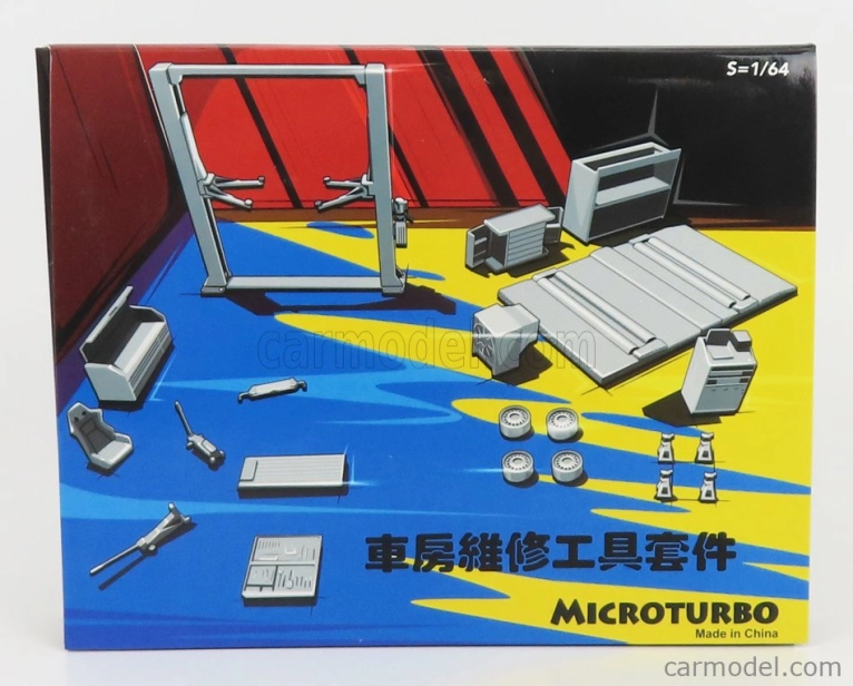 Peako Accessories Set Officina E Revisioni Microturbo - Ponte Sollevatore Auto - Twin Post Lift 1:64 Modrá Žlutá