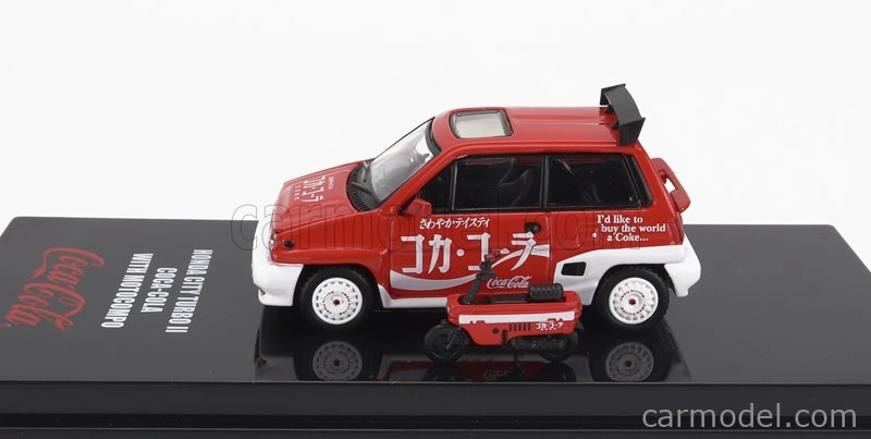 Tiny toys Honda City Turbo Ii Coca-cola The Real Thing 1981 With Motocompo - Motorcycle 1:64 Červená Bílá
