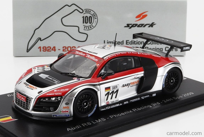 Spark-model Audi R8 Lms Team Phoenix Racing N 111 24h Spa 2009 Henri Moser - Marcel Fassler - Alex Margaritis - Marc Basseng 1:43 Silver Red