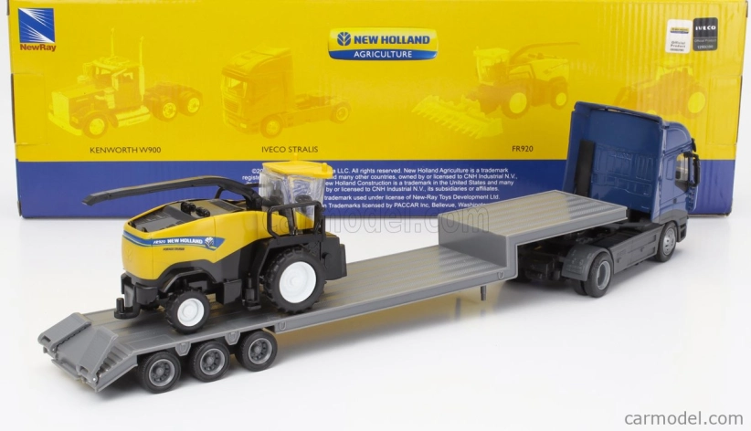Newray Iveco fiat Stralis 540 Truck Pianale 2009 With New Holland Fr920 Mietitrebbia Gommata Harvester 1:43 Modrá Žlutá Černá
