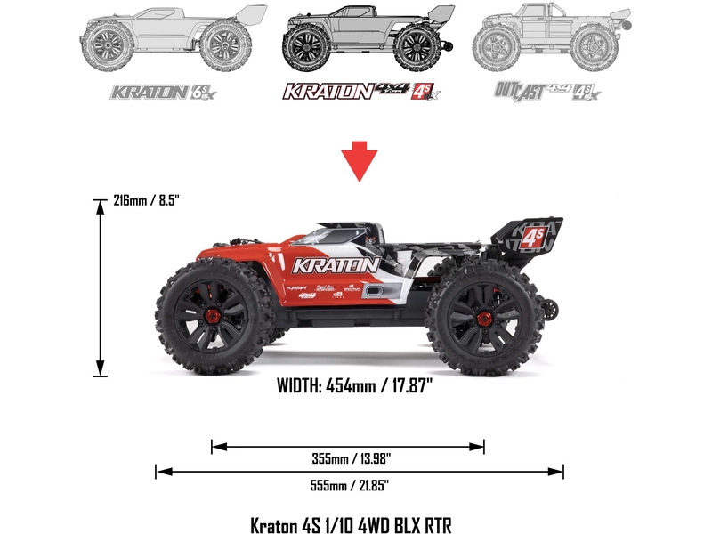 RC auto Arrma Kraton 4S V2 BLX 1:10 4WD RTR, červené