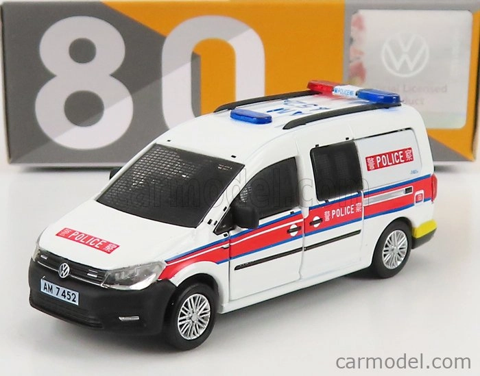 Drobné hračky Volkswagen Caddy Van Police 2020 1:64 bielo-červená