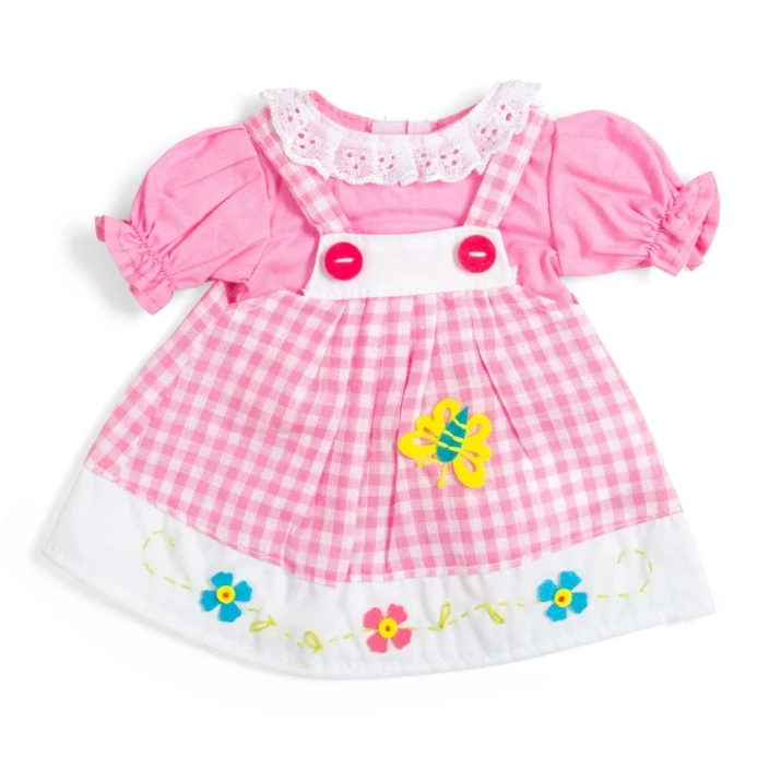 Bigjigs Toys Ružové kárované šaty s trakmi pre bábiku 34 cm