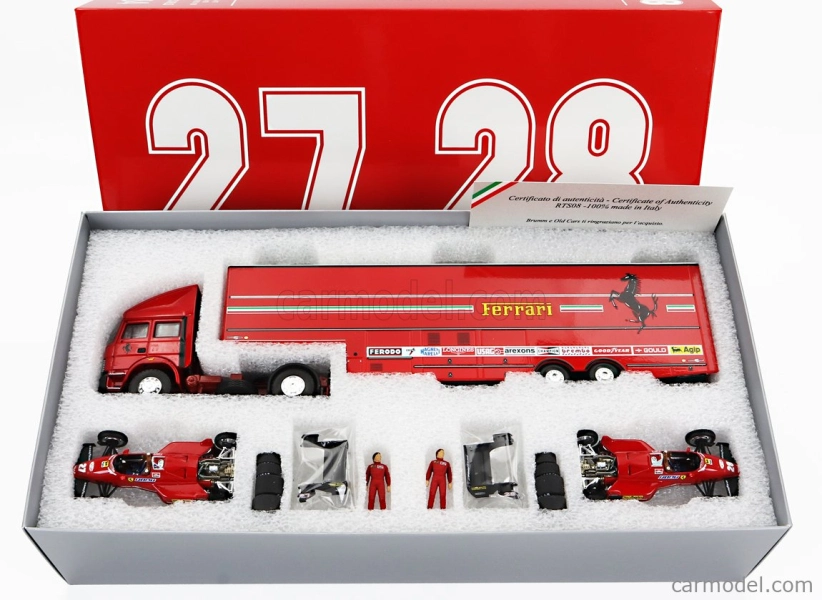 Brumm Iveco fiat Fiat Iveco 190 Truck Car Transporter Monaco Gp 1984 With 2x F1 Ferrari 126ck Turbo N 27 Michele Alboreto - N 28 Rene Arnoux + Figures And Accessories 1:43 Red