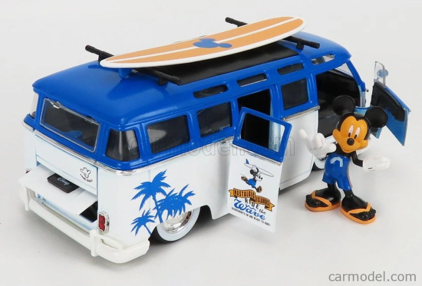 Jada Volkswagen T1 Samba Minibus 1962 - s figúrkou Topolino Mickey Mouse - Walt Disney 1:24 bielo-modrá