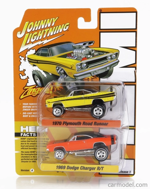 Johnny lightning Plymouth Set 2x Dragster Road Runner 1970 + Dodge Charger R/t 1969 1:64
