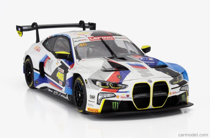 Minichamps BMW 4-series M4 Gt3 Team Wrt N 46 Gulf 12h Abu Dhabi 2023 Valentino Rossi - Nick Yelloy - Dries Vanthoor 1:18 Bílá Černá Modrá