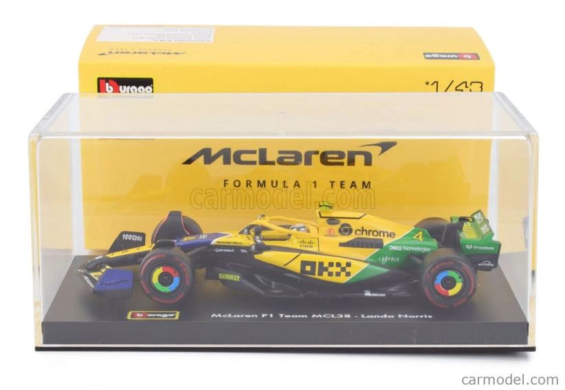 Bburago Mclaren F1  Mcl38 Team Mclaren N 4 4th Monaco Gp (senna 30th Anniversary) 2024 Lando Norris - With Pilot And Showcase 1:43 Žlutá Zelená Černá