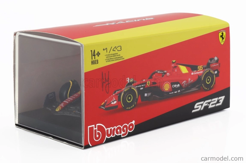 Bburago Ferrari F1 Sf-23 Team Scuderia Ferrari N 55 Pole Position 3rd Monza Italy Gp 2023 Carlos Sainz – With Pilot And Showcase 1:43 červená čierna žltá