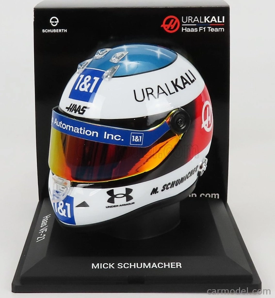Mini prilba Schuberth prilba F1 Casco Prilba Team Haas Vf-21 Belgian Gp Spa 2021 Mick Schumacher 1:4 Biela modrá červená žltá