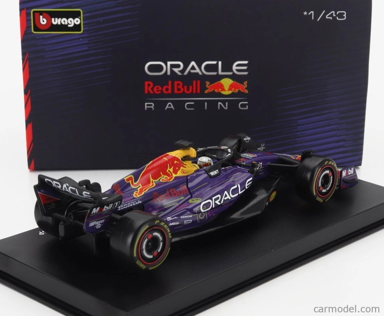 Bburago Red bull F1 Rb19 Team Oracle Red Bull Racing N 1 Víťaz majstrovstiev sveta Las Vegas Usa Gp 2023 Max Verstappen - s pilotom a vitrínou 1:43 Purple Yellow Red