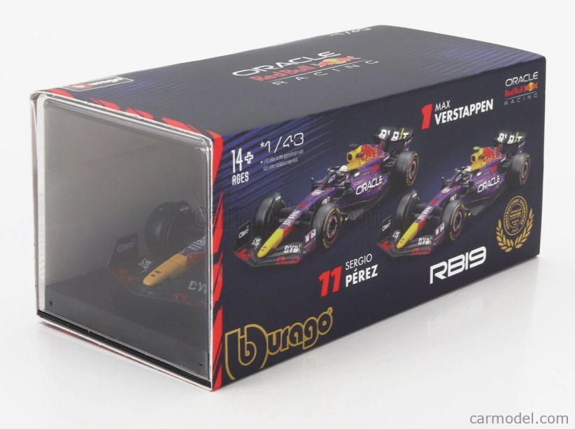 Bburago Red bull F1  Rb19 Team Oracle Red Bull Racing N 11 3rd Las Vegas Usa Gp 2023 Sergio Perez - With Pilot And Showcase 1:43 Fialová Žlutá Červená