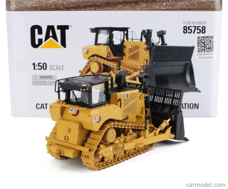 Dm-models Caterpillar Catd8 Ruspa Cingolata - pásový traktor s buldozérom a škrabákom - konfigurácia pre manipuláciu s odpadom 1:50 žltá čierna