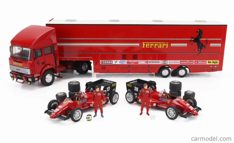 Brumm Iveco fiat Fiat Iveco 190 Truck Car Transporter Monaco Gp 1984 With 2x F1 Ferrari 126ck Turbo N 27 Michele Alboreto - N 28 Rene Arnoux + Figures And Accessories 1:43 Red