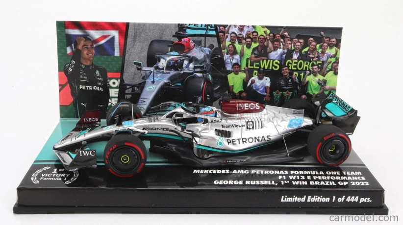 Minichamps Mercedes gp F1 W13e Team Mercedes-amg Petronas F1 N 63 (prvé víťazstvo v F1) Víťaz Brazilian Gp 2022 George Russel 1:43 Silver Green