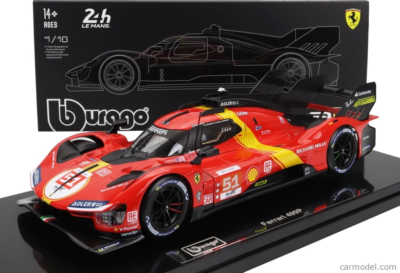 Bburago Ferrari 499p 3.0l Turbo V6 Team Ferrari Af Corse N 51 Winner 24h Le Mans 2023 Alessandro Pier Guidi - James Calado - Antonio Giovinazzi - With Showcase - Exclusive Carmodel 1:18 Červená Žlutá Černá