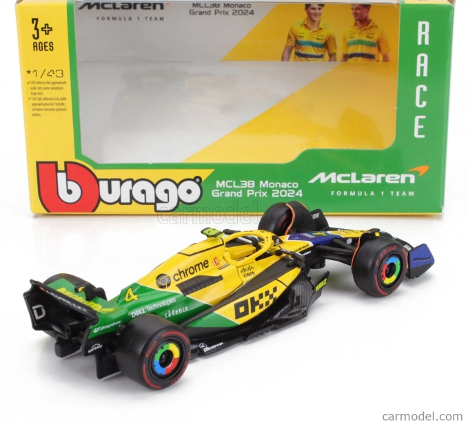 Bburago Mclaren F1  Mcl38 Team Mclaren N 4 4th Monaco Gp (senna 30th Anniversary) 2024 Lando Norris 1:43 Žlutá Zelená Černá