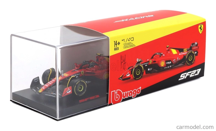 Bburago Ferrari F1 Sf-23 Team Scuderia Ferrari N 55 Pole Position 3rd Monza Italy Gp 2023 Carlos Sainz – With Pilot And Showcase 1:43 červená čierna žltá