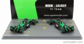 Spark-model Sauber Set F1 2x C44 Team Stake Kick N 77 Abu Dhabi GP 2024 Valtteri Bottas + N 24 Abu Dhabi GP 2024 Zhou Guanyu 1:64 Green Black