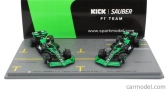 Spark-model Sauber Set F1 2x C44 Team Stake Kick N 77 Abu Dhabi GP 2024 Valtteri Bottas + N 24 Abu Dhabi GP 2024 Zhou Guanyu 1:64 Green Black