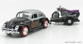 Motor-max Volkswagen Beetle Maggiolino + Trailer With Motorcycle 1959 1:24 Černá Stříbrná